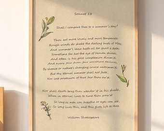 William Shakespeare Sonett 18 Poster, Romantische Poesie Geschenk, Klassische Literatur Dekor, Digitaler Download