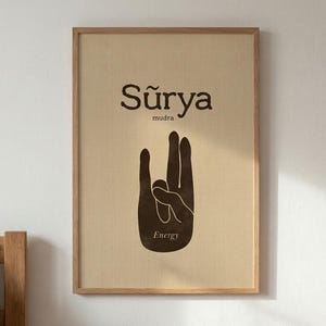 May include: A framed print featuring a hand gesture illustration in dark brown against a beige background. The text "Sūrya mudra" is above the hand, with "Energy" below. The frame is a light wood color, and the print hangs on a white wall.