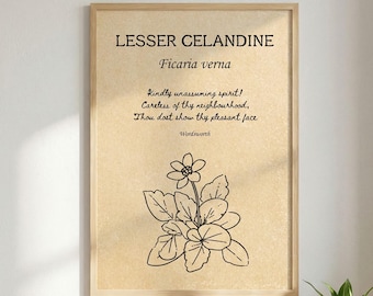 Vintage botanische Poesiekunst, William Wordsvalent Lesser Celandine botanisches Plakat, digitaler Download