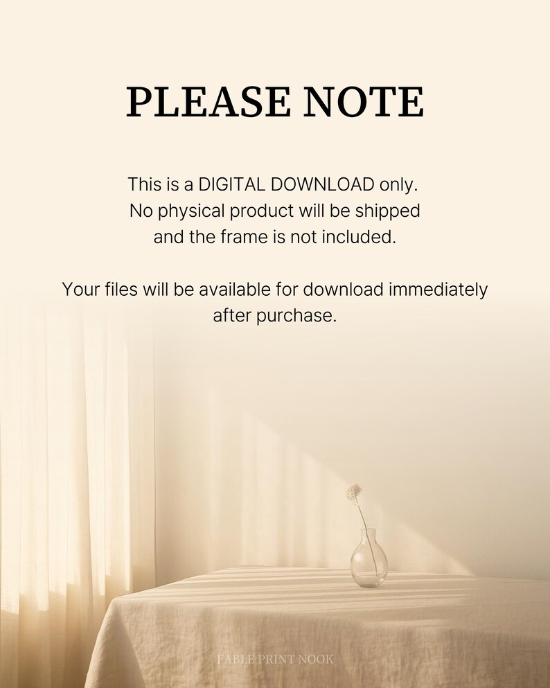 Op de afbeelding: Een digitale download aankondiging met de tekst "PLEASE NOTE". De tekst legt uit dat het product een digitale download is en dat er geen fysiek product wordt verzonden. Een kleine glazen vaas met een enkele bloem staat op een beige tafelkleed.