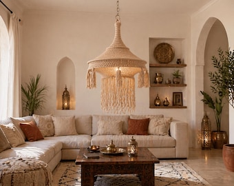 Lámpara de araña de macramé boho – Lámpara colgante hecha a mano, iluminación de estilo marroquí, decoración neutra para el hogar, lámpara colgante tejida