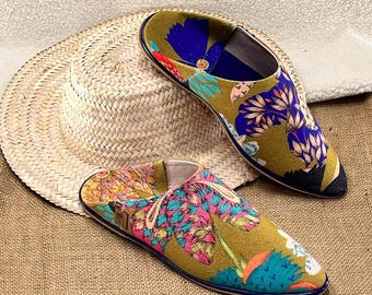 Moroccan Babouches Women, Handmade Boho Slippers, Floral Leather Mules, Colorful Ethnic Shoes, Unique Gift for Her, Summer Bohemian Shoes