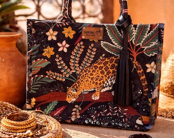 Boho-Leopardentasche, handgefertigte marokkanische Tasche, Handtasche mit Dschungelprint, einzigartiges Geschenk für Sie, florale Tasche im afrikanischen Stil, umweltfreundliche und schicke Tasche