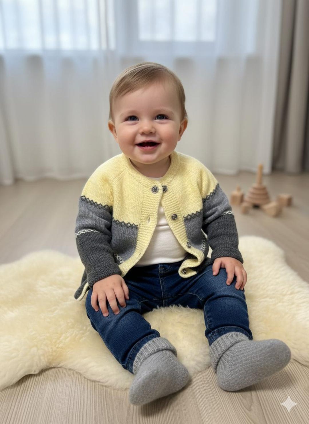Handmade Color Block Baby Cardigan, Yellow Grey Knitted Jacket, 12-24 ...