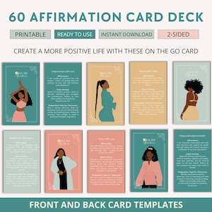 May include: A deck of 60 affirmation cards with the text "60 Affirmation Card Deck". The cards are in various colors, with illustrations of women and text. The cards are labeled "Printable", "Ready to Use", "Instant Download", and "2-Sided".