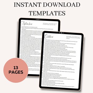 May include: Two digital tablets displaying self-care templates for September and October. The tablets are black with white text. A pink circle with the text "13 PAGES" is in the lower left corner. The templates are for instant download.