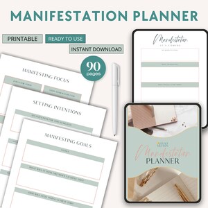 May include: A digital manifestation planner with the title "Manifestation Planner" in a stylish font. The image includes printable pages, a tablet, and a pen. The planner has 90 pages and is ready to use.