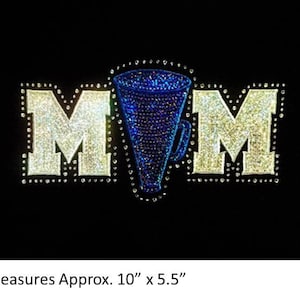 Cheer Mom (Blue megaphone) Sequins and Rhinestone Transfer Applique ONLY CLOSEOUT SALE