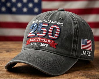 Custom Embroidered Washed USA 250th Anniversary Hat, 250 Embroidered Cap, Independence Celebration Gift 1776 2026, United States Washed Cap