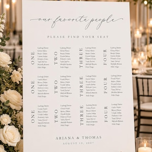 May include: A white wedding seating chart sign on a gold easel with the text "our favorite people" and "PLEASE FIND YOUR SEAT" followed by columns labelled ONE, TWO, THREE, and FOUR with guest names, ending with "ARIANA & THOMAS AUGUST 19, 2027".