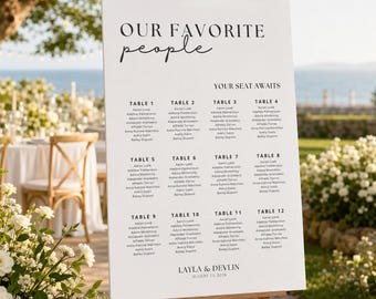 Plan de table pour nos invités préférés, modèle de plan de table de mariage moderne et minimaliste, modifiable sur Canva