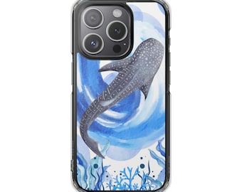 May include: Clear phone case featuring a watercolor design of a whale shark swimming in blue water. The case has a clear border and a white background with blue accents, including coral and seaweed.