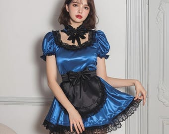 Blue Satin French Maid Costume Multi-layer Ruffled Lace Sissy Girl Lockable Customizable Maid Outfit