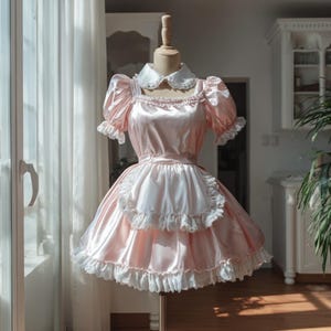 Puede incluir: Un vestido de satén rosa claro con cuello y delantal blancos, expuesto en un maniquí. El vestido presenta mangas abullonadas, un escote cuadrado y ribetes de encaje blanco. La falda es de capas y con volantes.