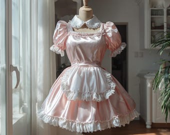 Vestido rosa Sissy, delantal de satén con borde de encaje blanco con cerradura, disfraz de mucama para fiesta de cosplay personalizado