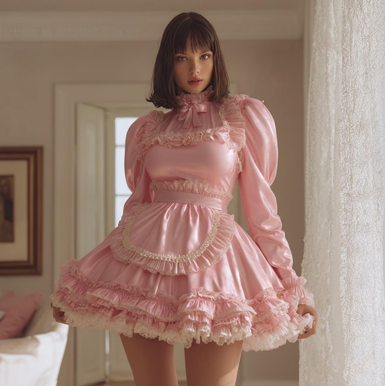 Sissy Gothic Lolita Pink Satin Lace Lockable Maid Dress Long Sleeve ...