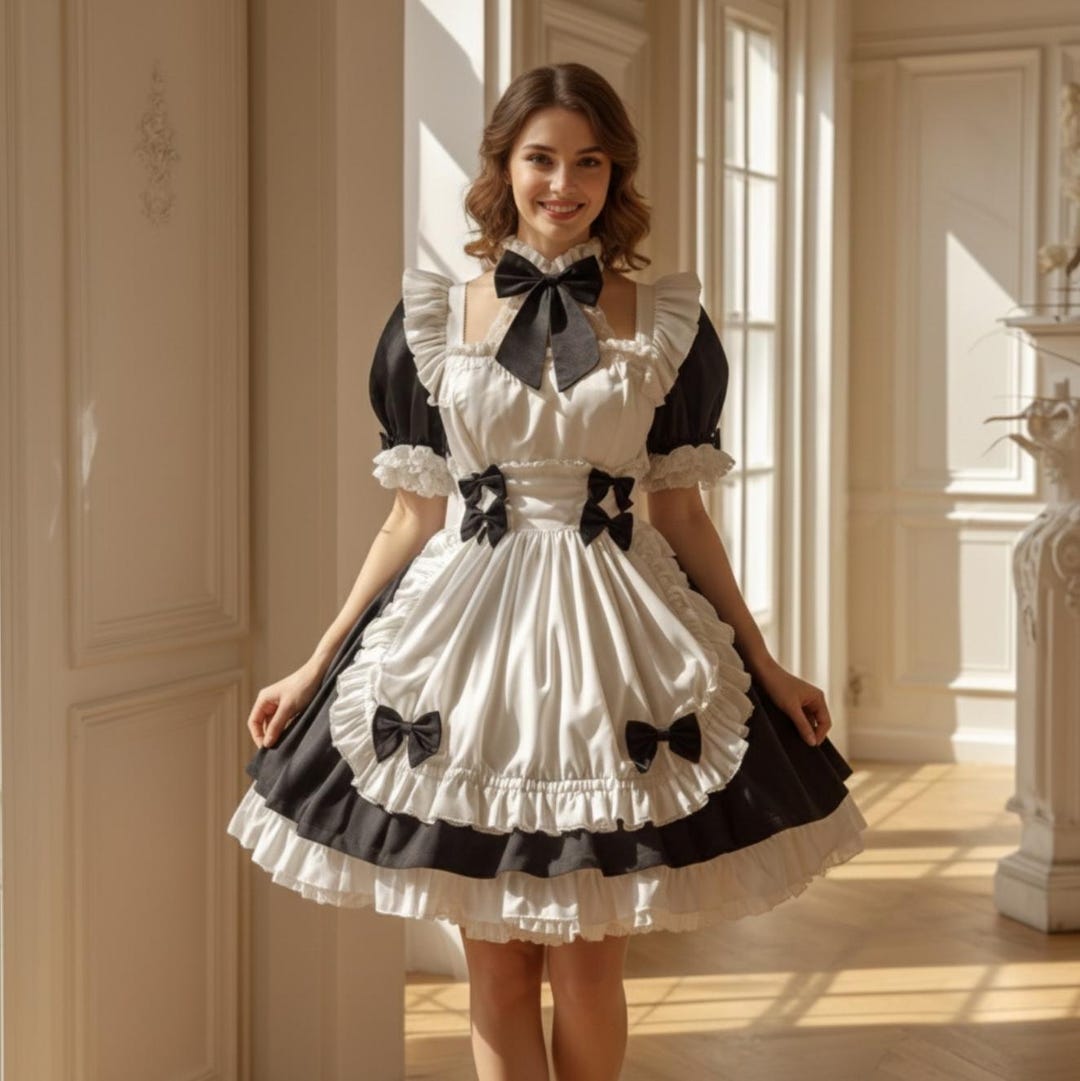 French Maid Lockable Sissy Lolita Dress With Apron Ruffled Cosplay ...