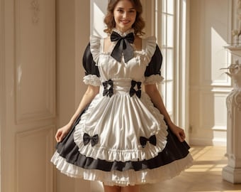 Sissy Maid Dress Cosplay French Lolita Outfit Lockable Party Costume Apron Puff Sleeve