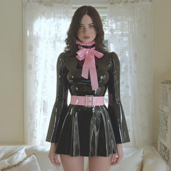 Lockable PVC Maid Ruffled Collar Flared Sleeves A-line Skirt Pink Belt Carnival Cosplay Outfit