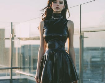 Sexy Gothic Shiny Black PVC Mini Pleated A-Line Dress High Neck Sleeveless