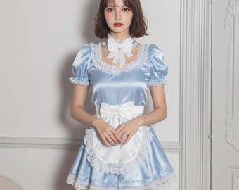 Sexy Girl Sissy Blue Satin French Maid Dress, Short Sleeve Lace Trim Cosplay Costume