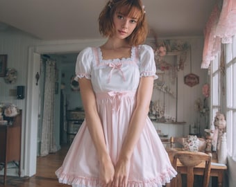 Plus Size Pink Girl Lolita Maid Dress Lace Puff Sleeves Cottagecore Outfit