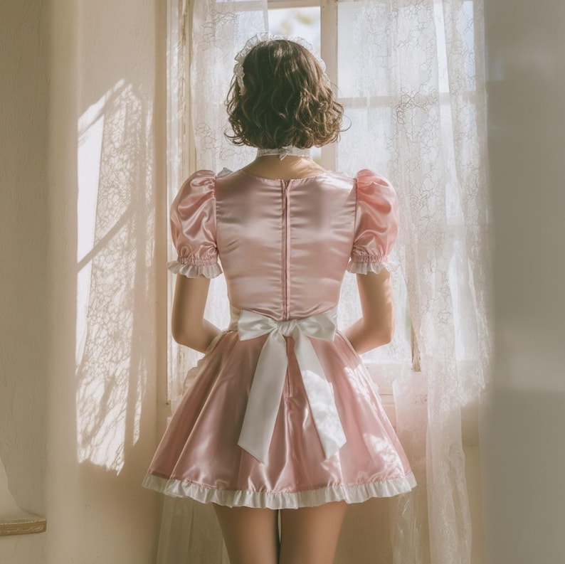 Lockable Sissy Maid Costume Pink Satin Lace Apron French Lolita Cosplay ...