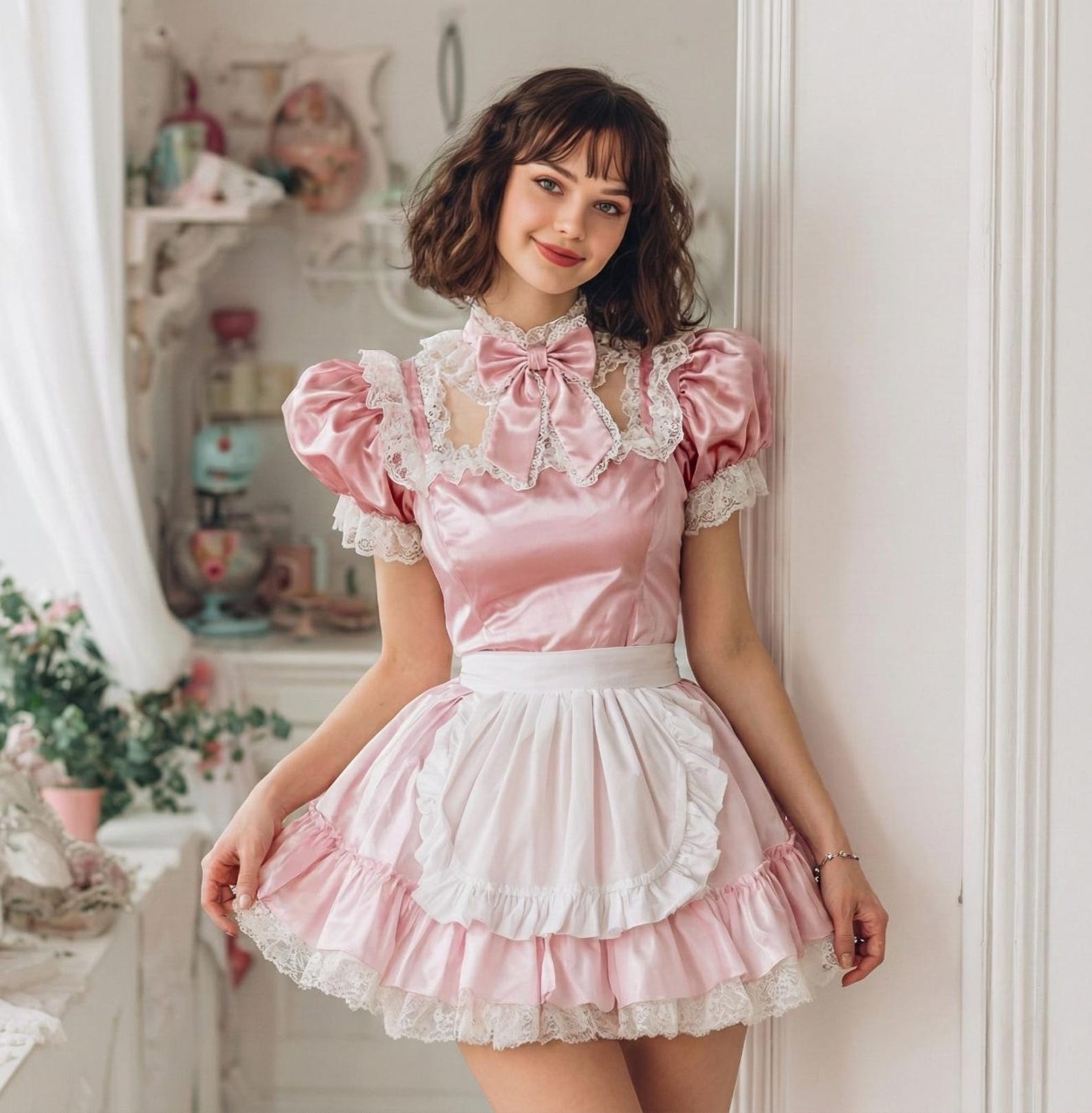 Sissy Pink Satin Maid Dress With Apron Lockable Back Lolita French Maid ...