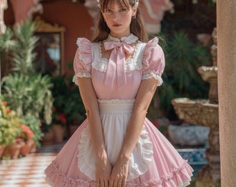 Sissy Pink French Maid Lolita Dress, Glossy Satin Lace Puff Sleeve Ruffle Lockable Outfit