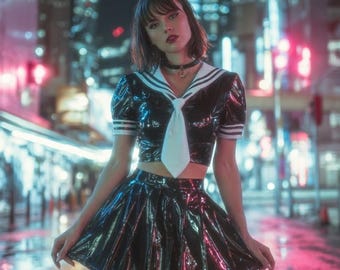 Japanese Cosplay Sailor Schoolgirl Shiny PVC Wet Look Outfit Pleated Mini Skirt Kawaii Style