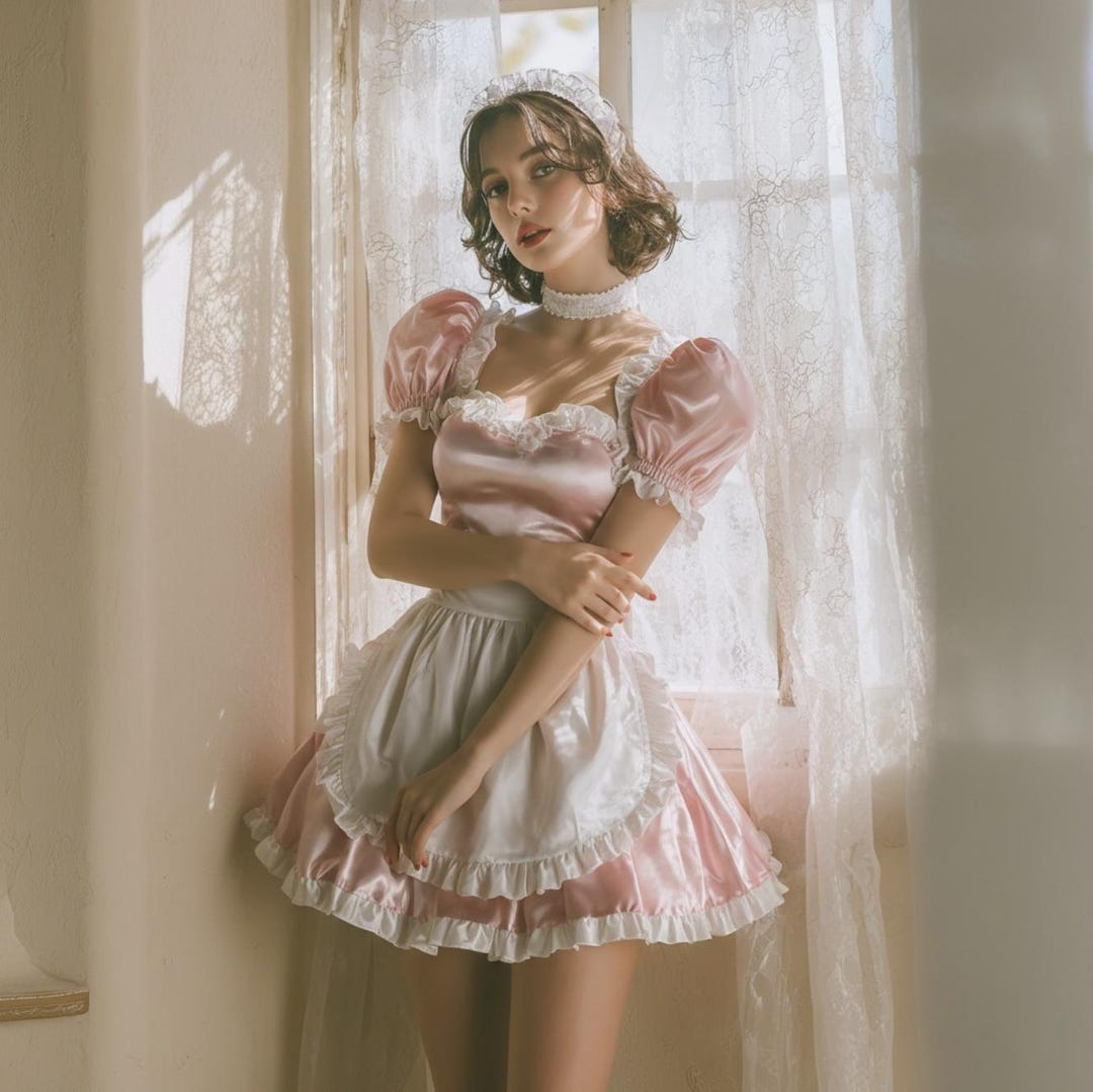Lockable Sissy Maid Costume Pink Satin Lace Apron French Lolita Cosplay ...
