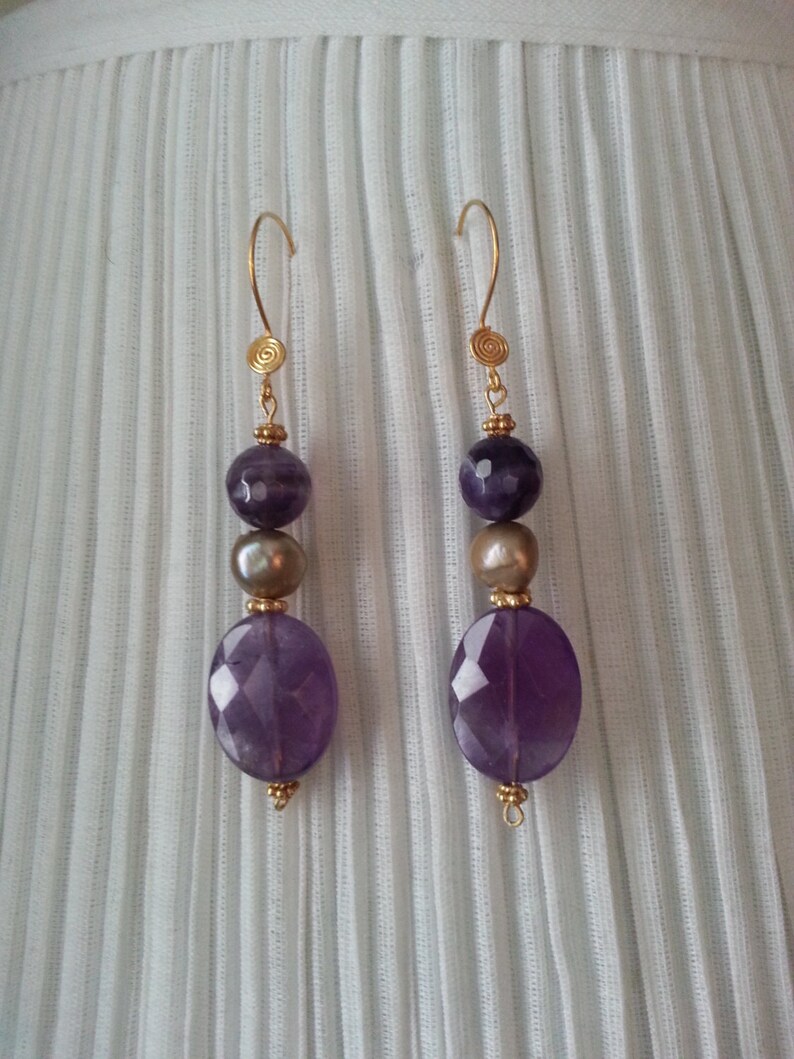 Amethyst faceted bead and Pearl Earrings 22k Vermeil | Etsy