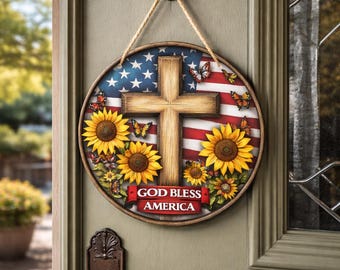 God Bless America Door Hanger, Patriotic Cross Decor, Sunflower American Flag Wreath, Christian Fourth of July Door Sign, Faith