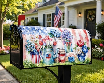 Cubierta para buzón de estilo rústico patriótico, envoltorio para buzón con diseño floral de regadera, calcomanía para buzón con diseño de flores y bandera estadounidense, decoración rústica para exteriores.