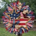 Patriotic Star Wreath Wooden 2 Layers, 4th of July Door Decor, Red White Blue Burlap Ribbon Wreath, American Flag Front Door Decor