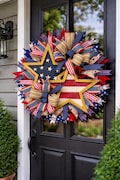Patriotic Star Wooden  Wreath, 4th of July Door Decor, Red White Blue Burlap Ribbon Wreath, American Flag Door Decor, 2 Layer Wooden Decor