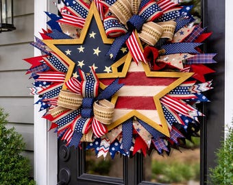 Corona de estrellas patrióticas, decoración para la puerta del 4 de julio, corona de cinta de arpillera roja, blanca y azul, decoración para la puerta principal con la bandera estadounidense, decoración para el porche del Día de los Caídos.