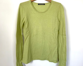 Vintage 90s Cashmere Sweater in Lime Green, Scoop Neck, Size Medium