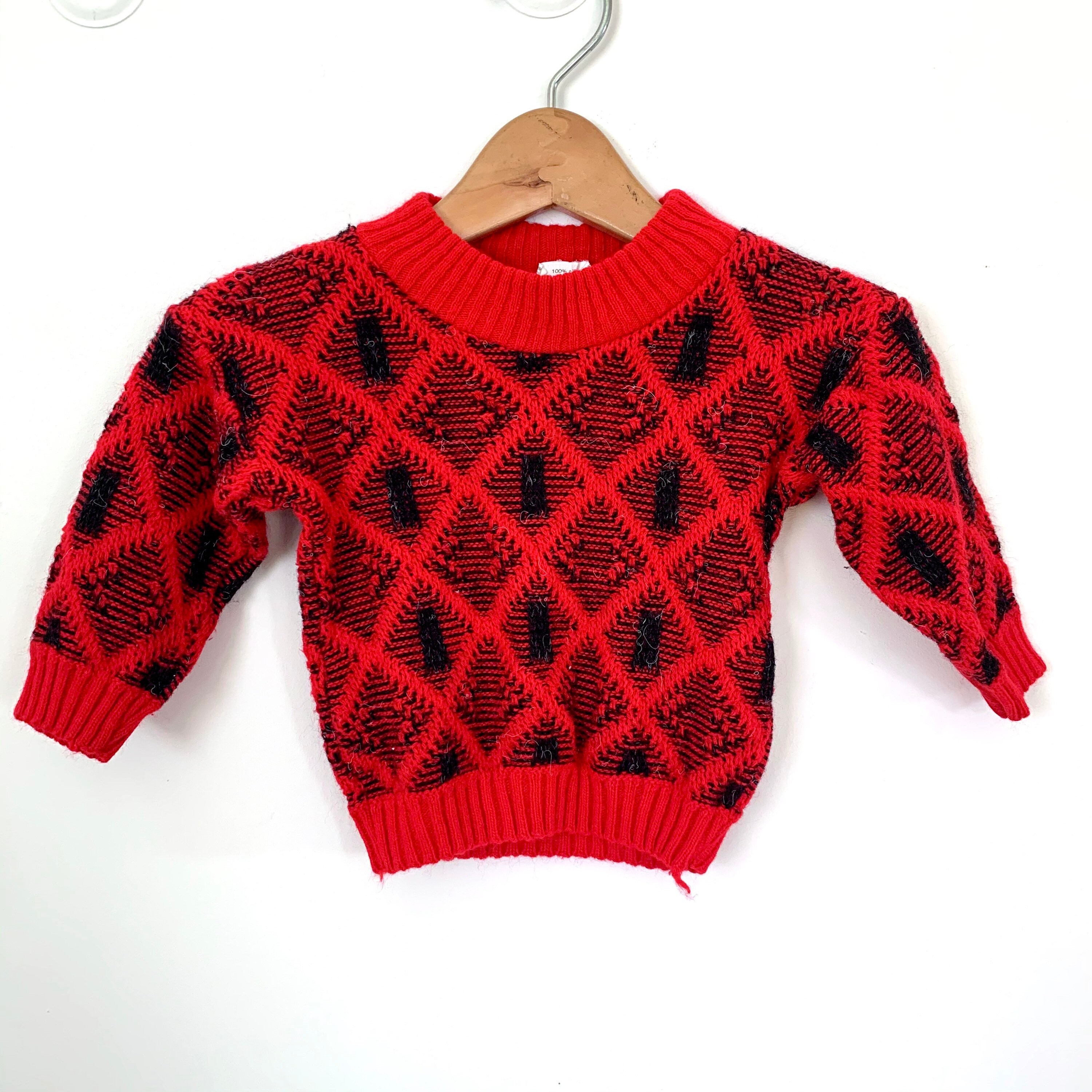 Vintage 80s Baby Sweater, Red and Black Argyle Diamond Pattern, Kids Knitwear Size 12 Months