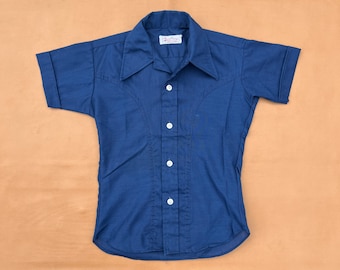 Vintage 60s Boys Blue Short Sleeve Button Down—Rockabilly Collared Shirt—Kids 6