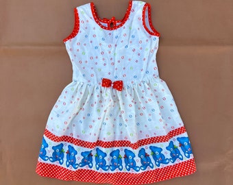 Vintage Girls Cotton Teddy Bear Dress—Toddler Sun Dress with Baseballs Stars and Bears—2-3T