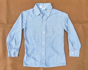 Vintage Boys Blue Striped Button Up Dress Shirt—Collared Boys Oxford—Kids 7