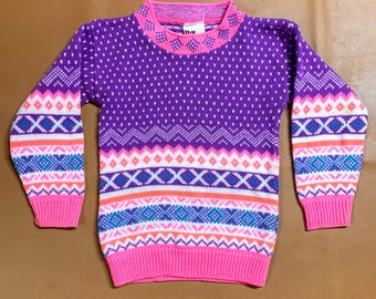 Vintage 80s Girls Neon Knit Sweater, Vibrant Pink and Purple Geometric Knitwear Pattern, Size 4T