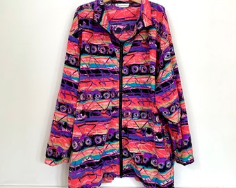 Vintage Womens Windbreaker Jacket, Vibrant Colorful Pattern Zip-up
