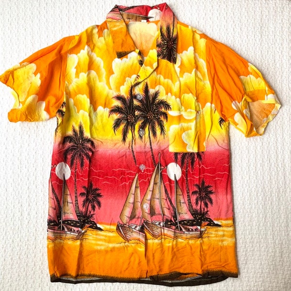 Vintage Kids Hawaiian Shirt, Vibrant Orange Sunset and Sailboats Print, Size 8