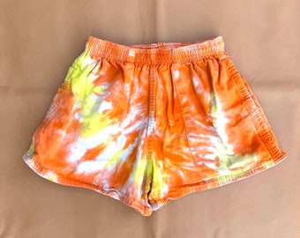 Vintage Tie Dye Shorts—Hand Dyed Orange and Yellow Cotton Shorts—Small