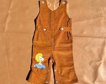 Vintage 70s Corduroy Romper—Made in USA Retro Kids Clothes—Size 18-24 Months