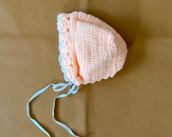 Vintage Crochet Handmade Baby Bonnet—Peach and White Baby Girl Hat