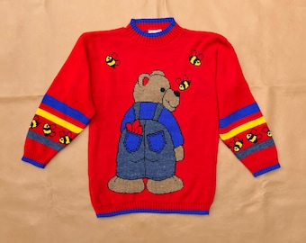 Vintage 90s Jet Set Kids Knit Bear and Bumblebee Sweater—Made in USA—Size 10/12