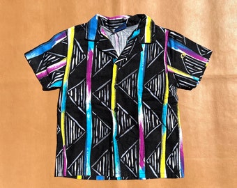 Vintage 90s Ocean Pacific OP Art Deco Button Down—Short Sleeve Hawaiian Shirt—Boys Small